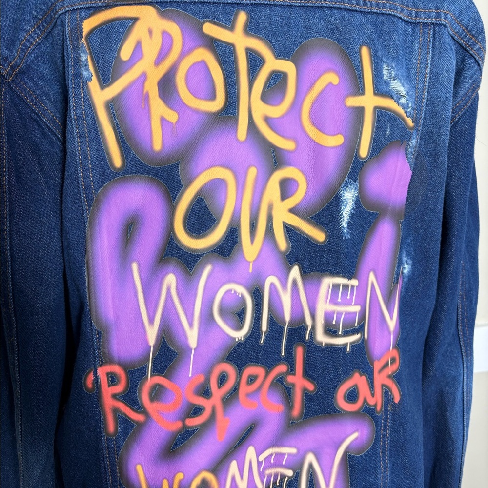 Espoir Apparel Distressed Denim Jacket Graffiti Back Protect and Respect Woman - Picture 5 of 7